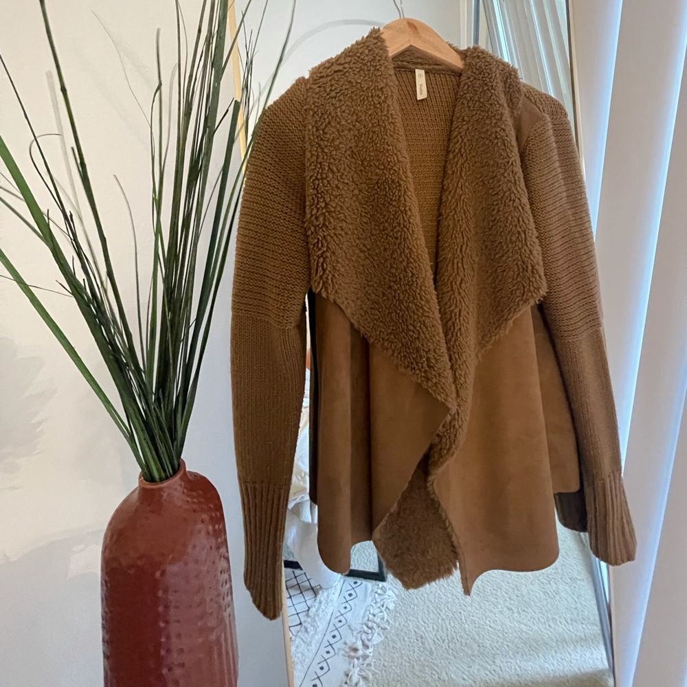 cozy suede camel brown coat.
